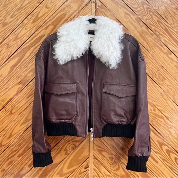 KHAITE Larissa Shearling-Collar Leather Bomber Jacket Bordeaux Wine - Picture 5 of 12